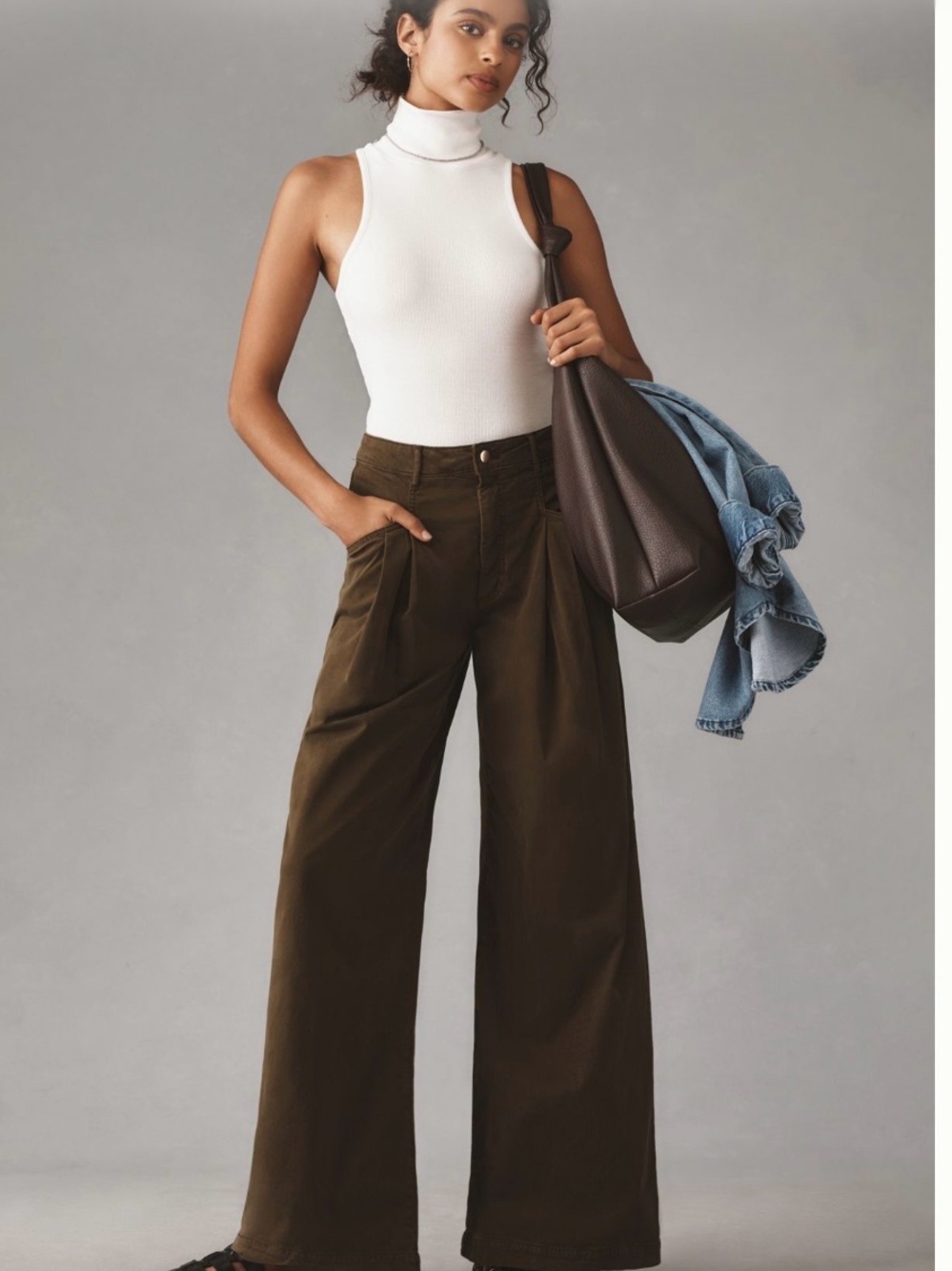 Maeve Dark Olive Wide-Leg High-Rise Trousers